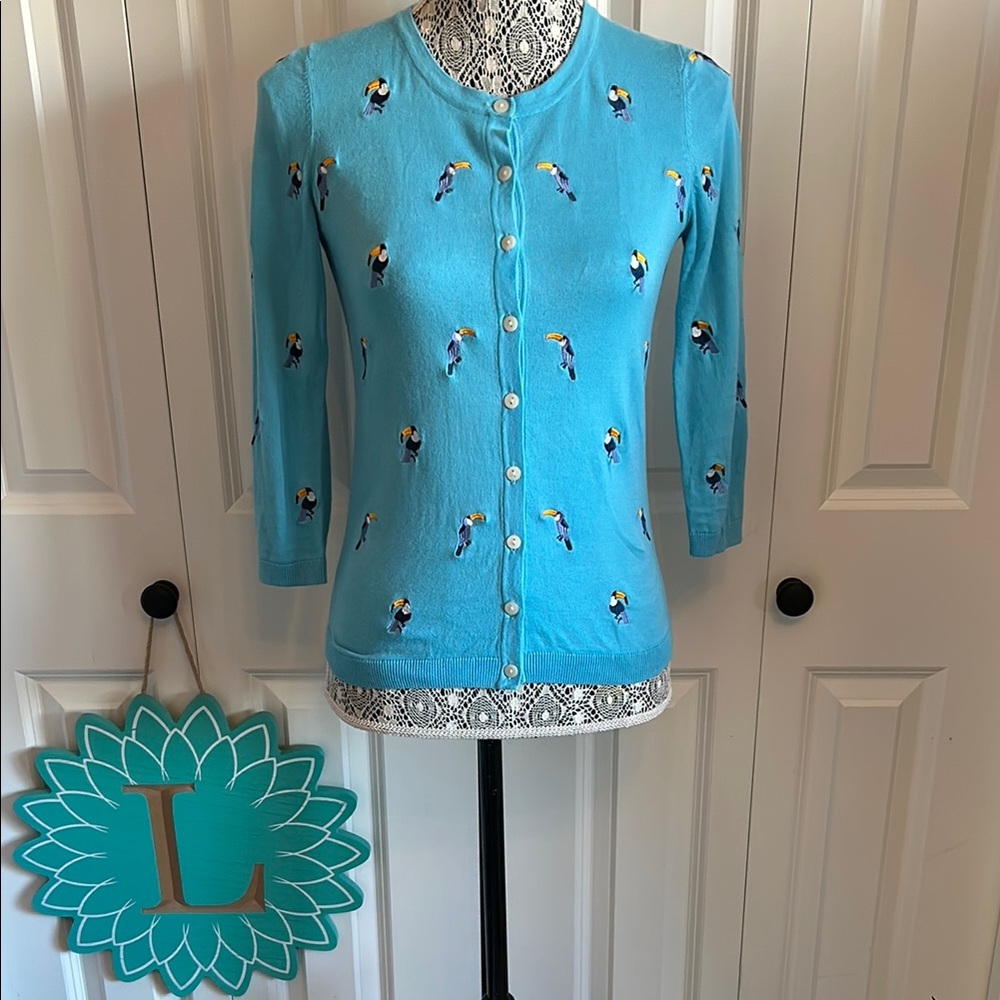 Talbots Blue Cardigan with parrot 🦜 Embroidery